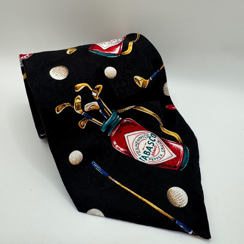 Tabasco OS Necktie Mens Black Golf Club Hot Sauce Bottle Novelty Silk Tie